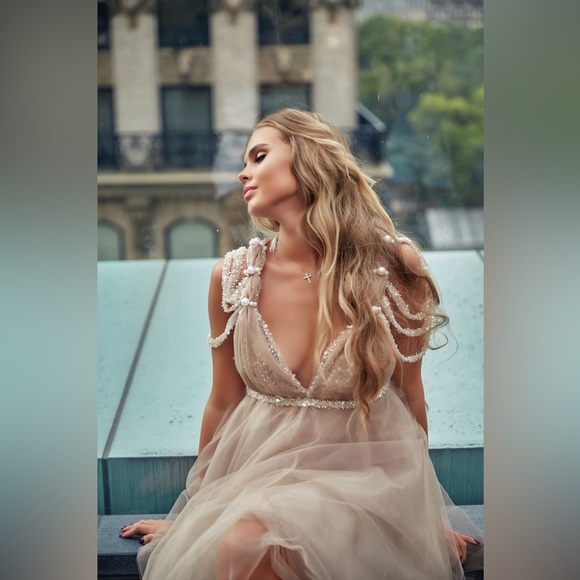 Beige cocktail dress, Beaded evening Midi dress, Airy Party dress,Wedding beige - Picture 3 of 14